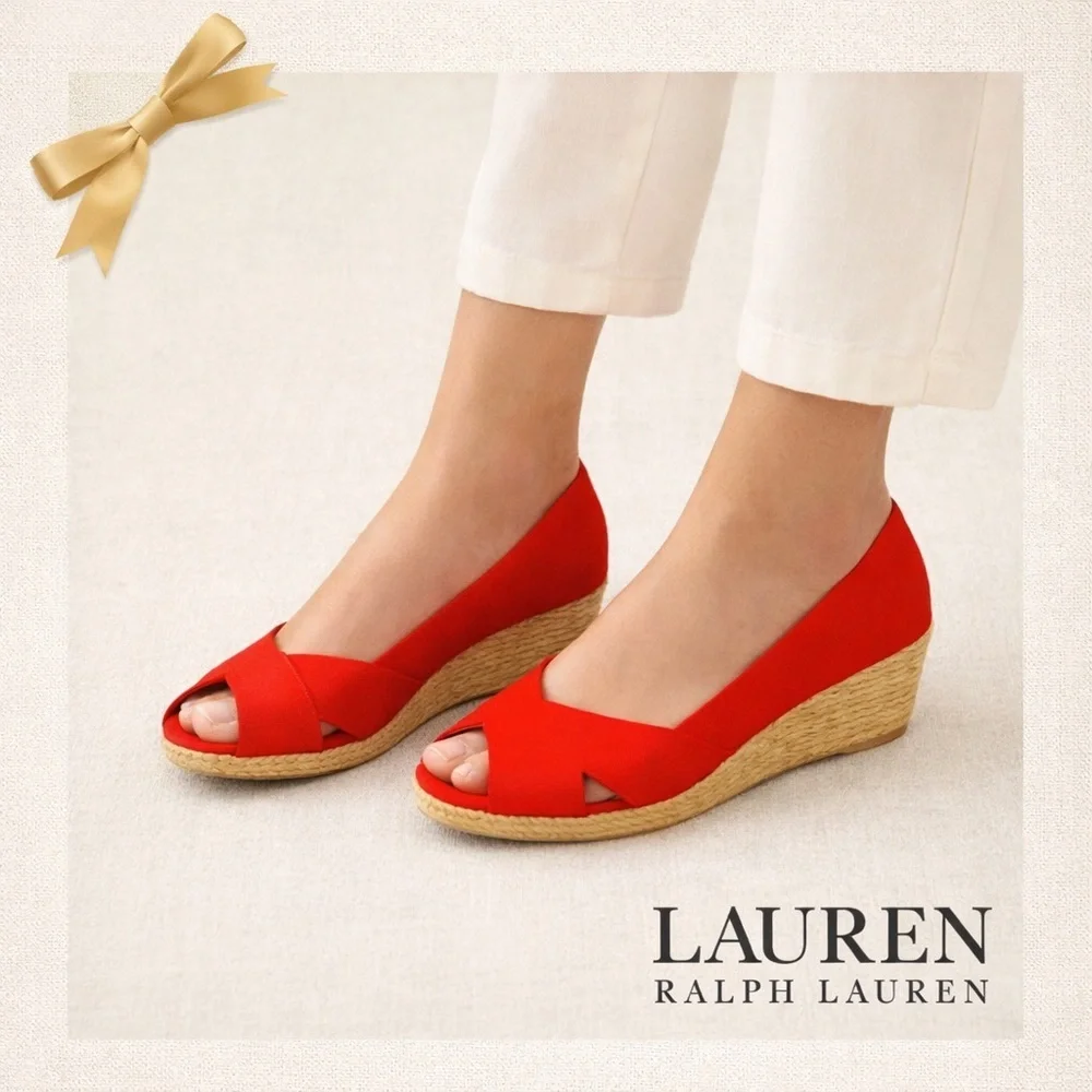 Lauren Ralph Lauren Cecilia Red Espadrille Wedge Peep Toe 6
